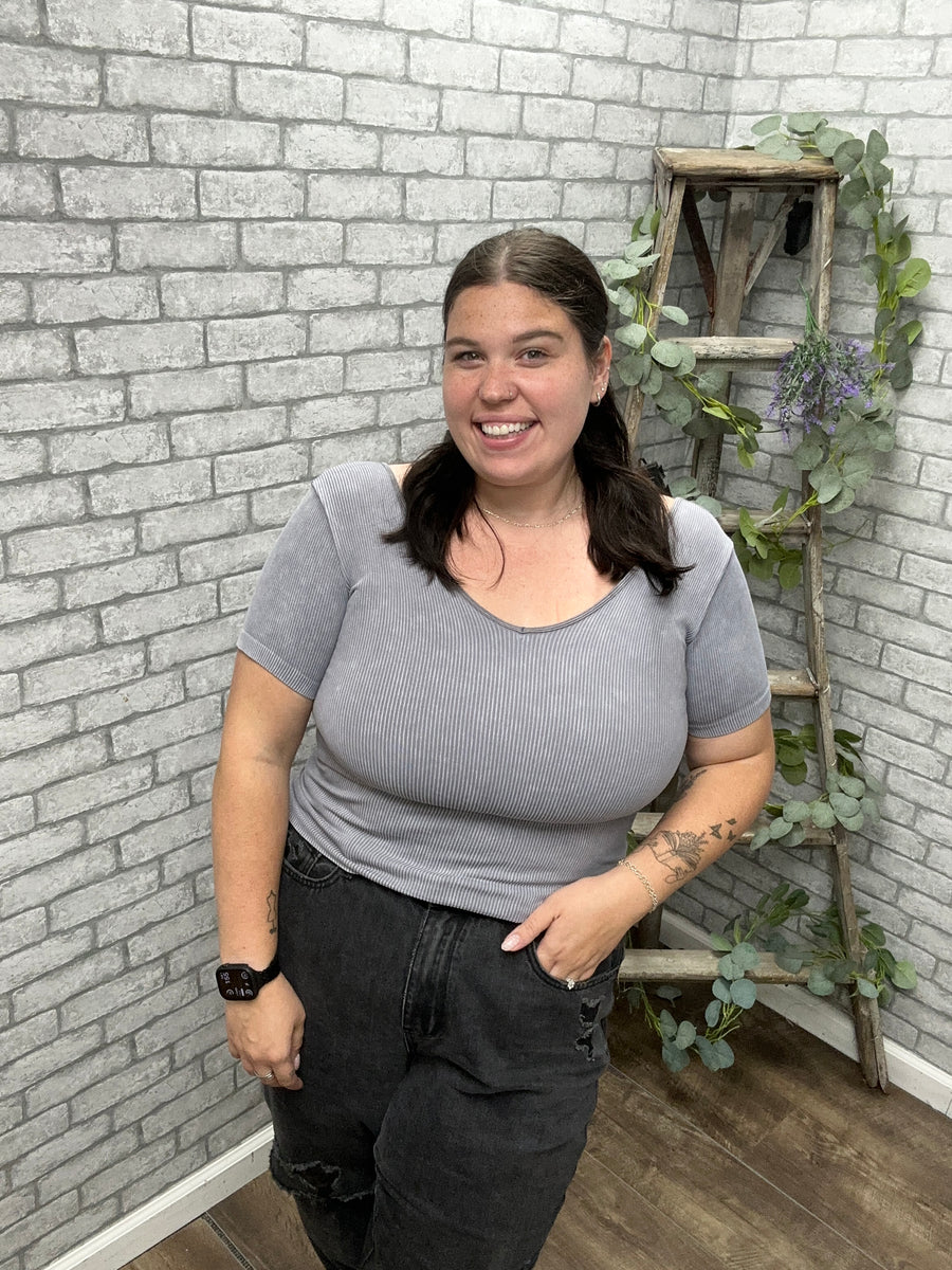 Ribbed GREY U or V Short Sleeve